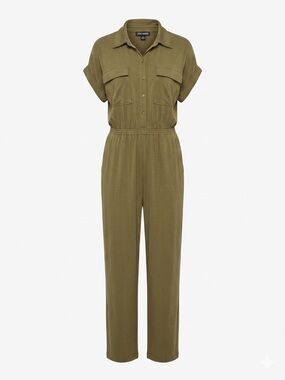 Steve Madden Utility Olive Collared Button-Up Stretch Jumpsuit w/ Pockets, L